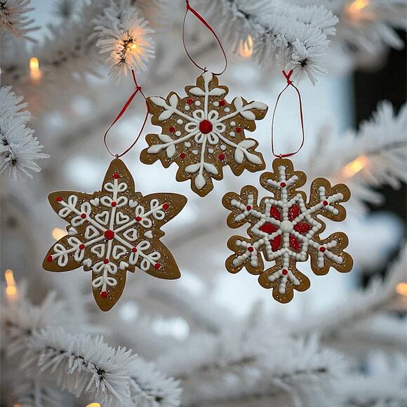 3 Red White Icing Gingerbread Snowflake Cookie Christmas Ornaments Baker - Picture 6 of 6
